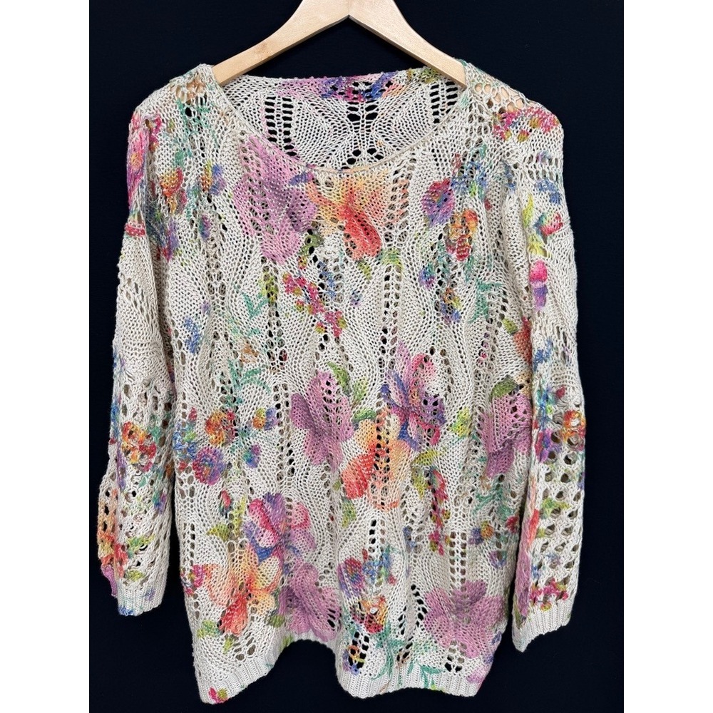 Unbranded Floral Open Knit Crochet Sweater Women XL Cream Multi Boho Festival